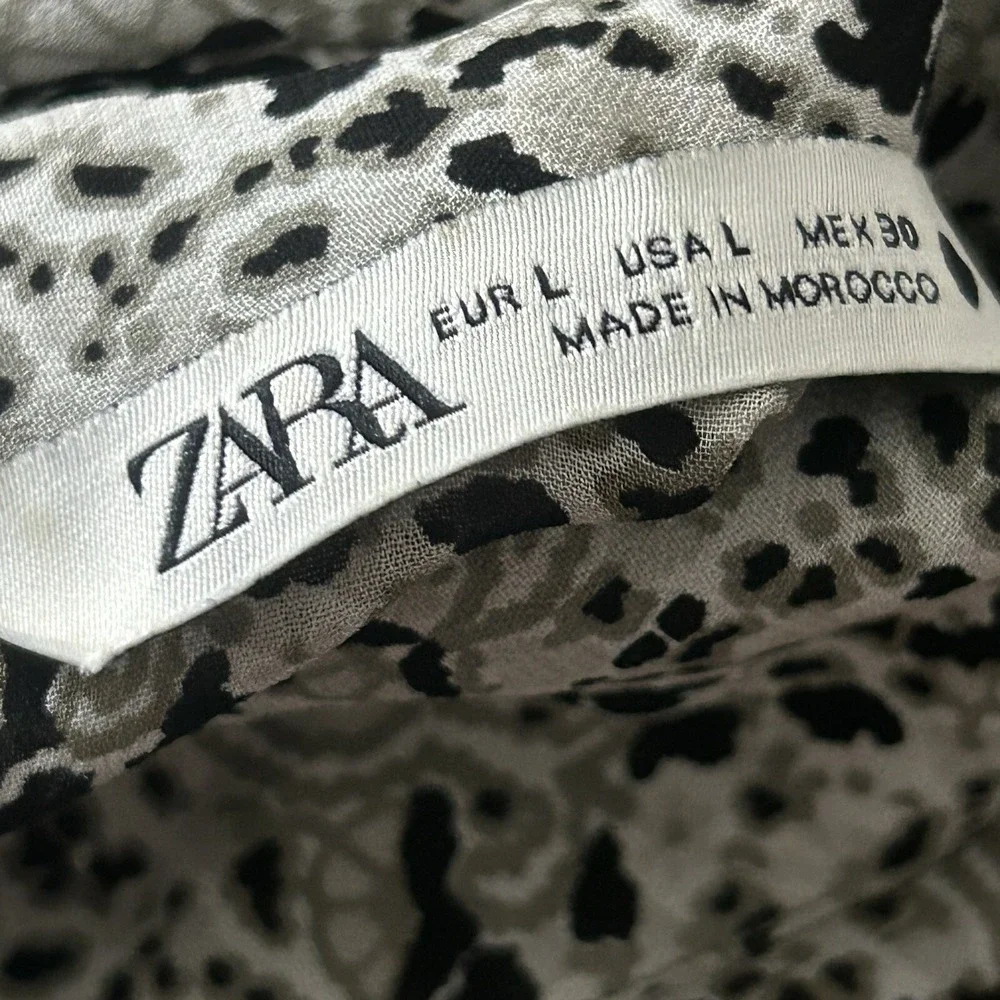 ZARA Paisley BLOUSE L Balloon Puff Sleeve Black White Crop TOP Regency Collared